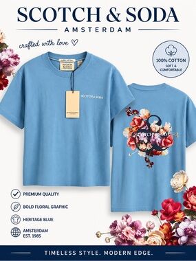 Scotch & Soda Amsterdam Men’s Graphic Tee Heritage Blue Floral Logo NWT Size L